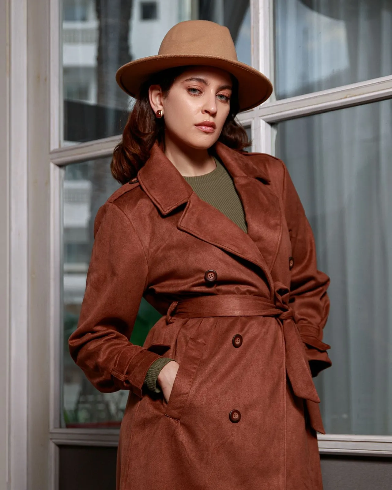 Faux Suede Trench Coat